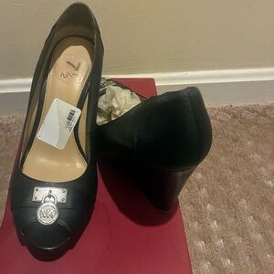 Michael Kors Black Platform Peep-Toe Pumps with MK Charm